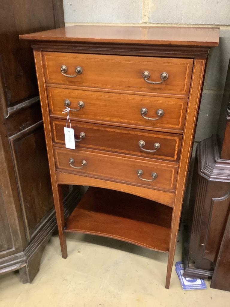 An Edwardian satinwood banded mahogany music cabinet, width 53cm depth 38cm height 91cm